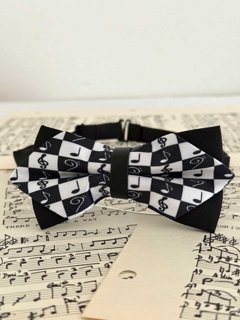 Black White Music Note Bow Tie Checkerboard Adjustable Pre Tied Musician
